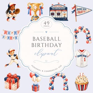Peut inclure: Une collection d'illustrations sur le thème de l'anniversaire de baseball comprenant un joueur, un trophée, un tableau d'affichage, une banderole, des arches de ballons, un maillot, des cadeaux et un cupcake. Le texte central indique 49 PNGS.