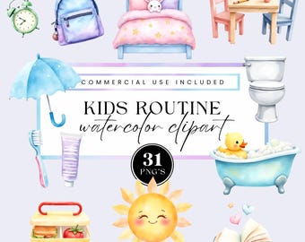 Kids daily routine watercolor clipart, Visual schedule art for toddlers, preschool, chore chart graphics, Nursery Decor for commercial use