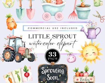 Locally grown baby shower clipart, Little sprout graphics bundle, cute baby shower art, kawaii vegetable art, garden veggies, commercial use