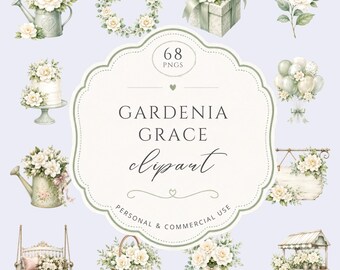 Gardenia Grace Floral Clipart, Soft Watercolor Sage Green Flowers, Wedding Flower Bouquet Decor Graphics, Garden Art, For Commercial Use