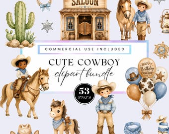 Little Cowboy Baby Shower Png, Cute watercolor birthday party graphics, blue western Rodeo themed clip art for invitations, commercial use