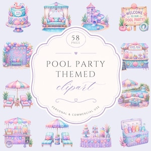 May include: A collection of 58 digital illustrations featuring pool party elements in pastel colors, including a cake, cabana, water slide, welcome sign, balloon arch, pool bar, lounge chairs, snack cart, and a cooler filled with colorful drinks.