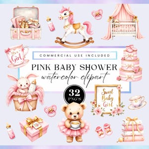 May include: Watercolor clipart set with a pink baby shower theme. Includes a rocking horse, baby crib, cake, teddy bear, and other baby-related items. The text "Pink Baby Shower watercolor clipart" is visible.