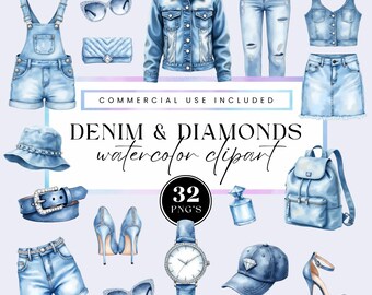 Denim och diamanter Png clipart-paket, glamorösa cowgirl-feststövlar, glamorös western-stil födelsedagsgrafik, akvarell för kommersiellt bruk