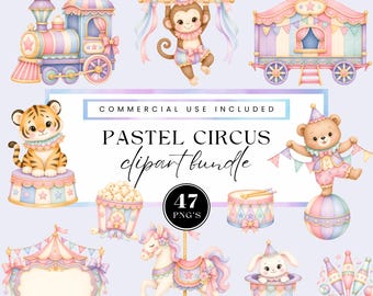Circus Clipart Set For Nursery Decor, Cute Carnival Animals PNG, Digital Download, Party Decorations, Kids Art, Transparent backgrounds