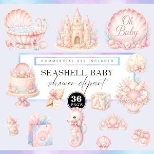 May include: A collection of watercolor-style digital illustrations featuring pastel pink and blue seashell-themed baby shower elements, including a castle, a bathtub, a cake, a seahorse, a gift bag, baby blocks, and a sign reading Oh Baby.