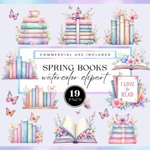 May include: Watercolor clipart featuring stacks of books in pastel colors, adorned with flowers and butterflies. The image includes the text "Spring Books watercolor clipart" and "Commercial Use Included". There are 19 PNG's.