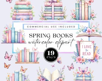 May include: Watercolor clipart featuring stacks of books in pastel colors, adorned with flowers and butterflies. The image includes the text "Spring Books watercolor clipart" and "Commercial Use Included". There are 19 PNG's.