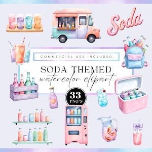 Clipart set soda bundle, watercolor cute drink illustrations, fun beverage art, soda shop clip art,commercial use, Transparent backgrounds