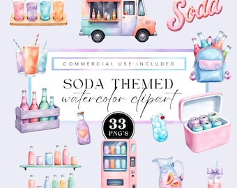 Clipart set soda bundle, watercolor cute drink illustrations, fun beverage art, soda shop clip art,commercial use, Transparent backgrounds