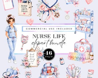 Clipart sulla vita da infermiera, pacchetto PNG ad acquerello, grafica medica e sanitaria, stetoscopio, camice, adesivi per agenda, set regalo per la celebrazione della professione infermieristica