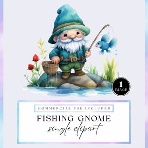 Watercolor fishing gnome clipart, One single image, cute garden gnome with fish, transparent background, PNG Clip art for commercial use