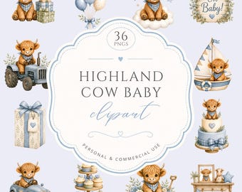 Watercolor Highland Cow Baby Clipart, Cute Blue Nursery Decor For Baby Shower, Baby Boy Birthday, Cute Rustic Farm Animals, Commercial Use