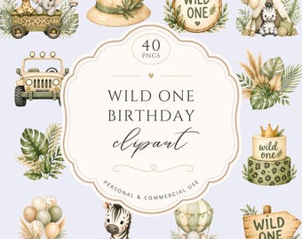 Wild One Birthday Clipart Set, Safari Animals Watercolor Elements, 1st Birthday Party Celebration, Kids Nursery Decor, For Commercial Use