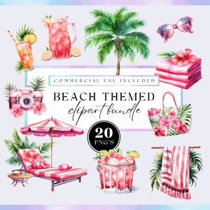 Watercolor tropical island clipart, Beach chair clip art png, commercial use, Transparent backgrounds, sunglasses, summer holiday, palm tree