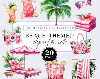 May include: A set of 20 beach-themed watercolour clipart images. The images include a palm tree, sunglasses, a beach bag, a beach towel, a cocktail, a lounge chair, an umbrella, and a camera. The images are perfect for creating invitations, cards, and other digital projects.