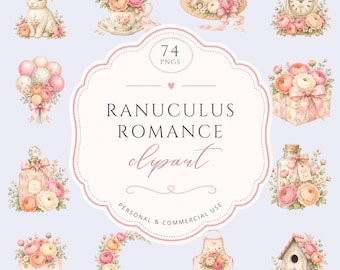Ranunculus Clipart, Soft Pastel Watercolor Floral Art Bundle, Pink Bouquets & Decor For Wedding Celebration, Garden Flowers, Commercial Use