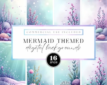 Mermaid Digital Papers, Underwater Pastel Background, Aqua Green, Light Purple, Ocean Scrapbook, Sea Themed backgrounds for commercial use