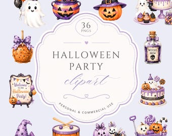 Halloween Party Themed Clipart, Purple Watercolor Spooky Party Graphics, Cute Ghosts And Pumpkins, Candy Cake Decor, For Commercial Use