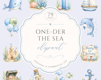 One-der the sea clipart, watercolor 1st birthday party graphics, Ocean themed first birthday, cute nursery ocean animals, For Commercial Use