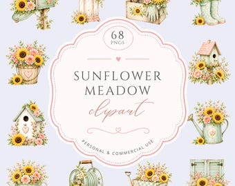 Sunflower meadow clipart, Cute watercolor pastel garden, rustic floral, vintage country PNG art decor, wedding flowers for Commercial Use