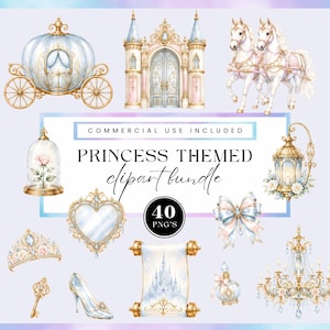 May include: A digital clipart bundle featuring a light blue pumpkin carriage, a castle gate, two white horses, a rose in a glass dome, a heart-shaped mirror, a bow, a tiara, a key, a glass slipper, a scroll, a perfume bottle, and a chandelier.