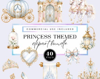 Prinsessenthema clipartbundel, pastelgouden sprookjes PNG, koninklijke koets, kasteelpaarden, luxe babykamerfeest afbeeldingen voor commercieel gebruik