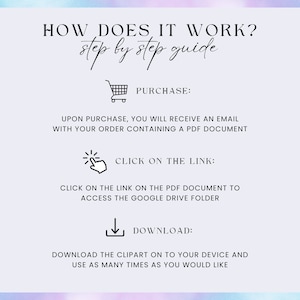 Pode incluir: Gr&aacute;fico roxo claro com o texto "HOW DOES IT WORK? step by step guide." O gr&aacute;fico inclui &iacute;cones para compra, clicar em um link e baixar, com as instru&ccedil;&otilde;es correspondentes. O fundo tem um efeito aquarela.