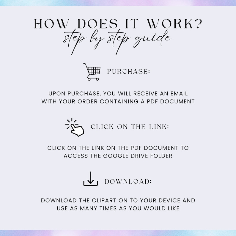 Pode incluir: Gr&aacute;fico roxo claro com o texto "HOW DOES IT WORK? step by step guide." O gr&aacute;fico inclui &iacute;cones para compra, clicar em um link e baixar, com as instru&ccedil;&otilde;es correspondentes. O fundo tem um efeito aquarela.