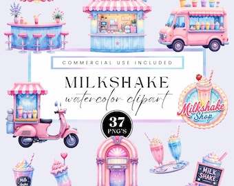 37 Milkshake watercolour Clipart, Retro Diner Drinks, Pink Blue Purple Milkshakes, Chalkboard Sign PNG, Commercial use, pastel graphics