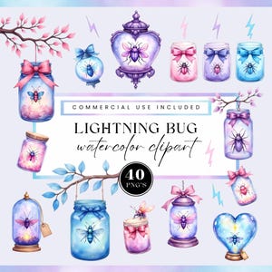 Lightning bug clipart pack, watercolor firefly art, fireflies in a jar clip art, cute insect PNG,  digital download, for commercial use