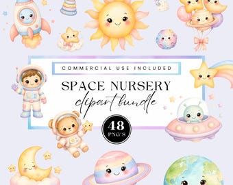 Watercolor cute space clipart, Rocket ship clip art, solar system theme cliparts set, transparent PNGs for commercial use, planets & aliens