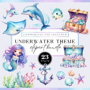 Puede incluir: Un conjunto de 23 imágenes de clipart de acuarela con un tema submarino. Las imágenes incluyen una sirena, un delfín, una raya, un cofre del tesoro, una estrella de mar, un ancla y varias conchas. Las imágenes son perfectas para crear invitaciones, tarjetas y otras manualidades.