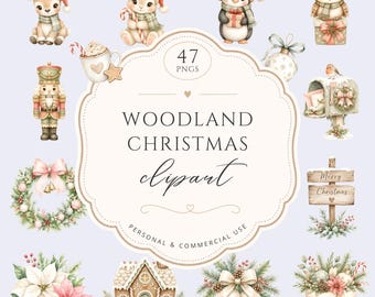 Woodland Christmas Clipart Bundle, Cute Watercolor Winter Animals, Santa Hats, Pastel Holiday PNG, Rustic Festive Decor, For Commercial Use