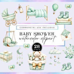 Puede incluir: Conjunto de imágenes prediseñadas de acuarela con temática de baby shower. Incluye un cochecito, una cuna, chupetes, zapatos de bebé, un osito de peluche en una cesta y otros artículos para bebés. El texto dice "Baby Shower watercolor clipart".