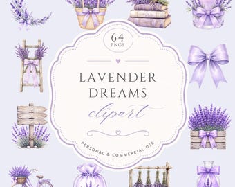 Lavender dreams watercolor clipart bundle, rustic purple floral decor, pretty wedding flowers, lavender bouquet invite PNGs, Commercial Use