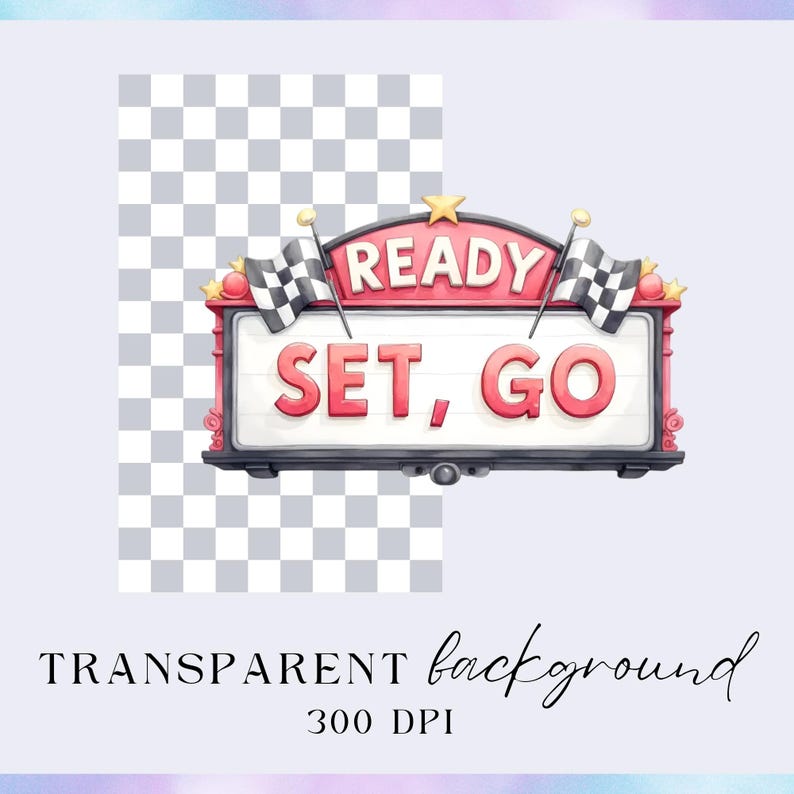 Pode incluir: Uma placa em estilo vintage com as palavras "READY, SET, GO" em letras vermelhas. A placa tem uma borda vermelha e preta, com bandeiras quadriculadas em ambos os lados. As palavras "TRANSPARENT background" e "300 DPI" est&atilde;o escritas abaixo.