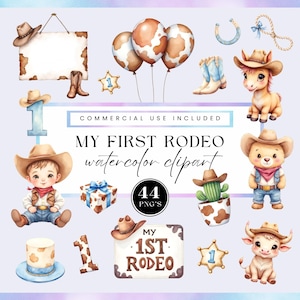 Il mio primo pacchetto di clipart png rodeo, grafica di compleanno da cowboy, clip art acquerello per baby shower per bambini, per uso commerciale, PNG trasparenti