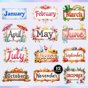 Months of the year watercolor clipart, 12 months clipart bundle, calendar art, watercolour graphics, transparent background, commercial use