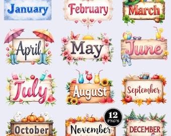 Months of the year watercolor clipart, 12 months clipart bundle, calendar art, watercolour graphics, transparent background, commercial use