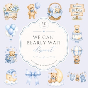 Könnte beinhalten: Eine Sammlung von Aquarellillustrationen mit Teddybären in Blautönen, darunter Bären in Wagen, Körben, Heißluftballons und auf Monden. Der zentrale Text lautet WE CAN BEARLY WAIT clipart, ergänzt durch Schilder und Schleifen.