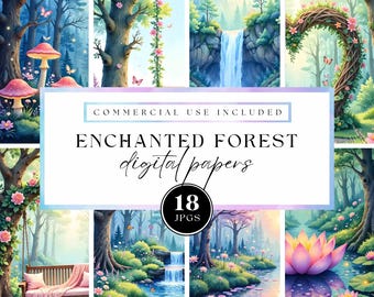 Cyfrowe papiery Enchanted Forest, tła z mistycznym lasem, tekstury krajobrazów baśniowych, tła fantasy nature do użytku komercyjnego
