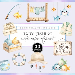 May include: Watercolor clipart set with a baby fishing theme. Includes a fishing rod, baby clothes on a clothesline, fish, a life preserver, a baby vest, a wooden sign that says "Gone fishin' for Baby Kisses", and a sun hat with charms.