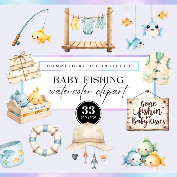 Fishing clipart watercolor baby shower decor, cute fishing illustration PNGs, gone fishin themed nursery, cute pastel fish, commercial use