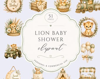 Watercolor Lion Baby Shower Clipart, Cute Baby Safari Cubs, Boho Nursery Decor, Neutral Gold Graphics, Jungle Party PNGs For Commercial Use