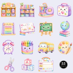 May include: A collection of pastel-colored school and classroom-themed illustrations featuring a bookshelf, lunchbox, abacus, open notebook, chalkboard, globe, alarm clock, crayon holder, school bus, paint palette, scissors, blocks, and a calendar.