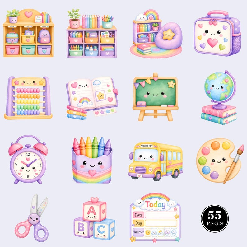 May include: A collection of pastel-colored school and classroom-themed illustrations featuring a bookshelf, lunchbox, abacus, open notebook, chalkboard, globe, alarm clock, crayon holder, school bus, paint palette, scissors, blocks, and a calendar.