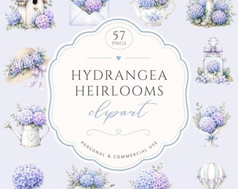 Hydrangea Heirlooms Clipart Bundle, Lavender Blue Floral PNGs, Vintage Watercolor Wedding Flowers, Garden Decor Invitations, Commercial Use