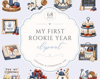 My First Rookie Clipart, Watercolor 1st Birthday Baseball Party Graphics, Baby Boy Blue Sports Themed Party, Nursery Decor, Commercial Use
