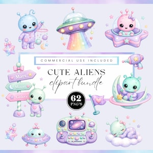 May include: A digital clipart bundle featuring cute aliens, spaceships, and space-themed elements in pastel colors. The text reads: COMMERCIAL USE INCLUDED, CUTE ALIENS clipart bundle, 62 PNG'S. Includes planets, stars, a signpost, and a control console.